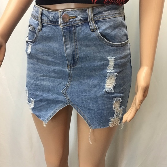 Dollhouse Asymmetrical Distressed Raw Hem Stretch Denim Mini Skirt Size 11 - Picture 3 of 8